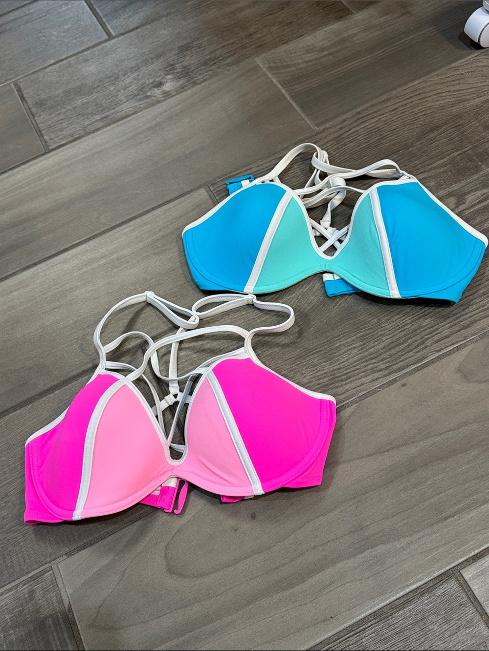 Strappy Colorblock Push-Up Bikini Top in Pink & Blue